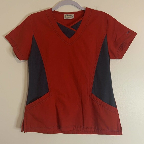 Reina Red Blue Mock V-Neck Scrub Top Medical Uniform XS - Picture 1 of 9